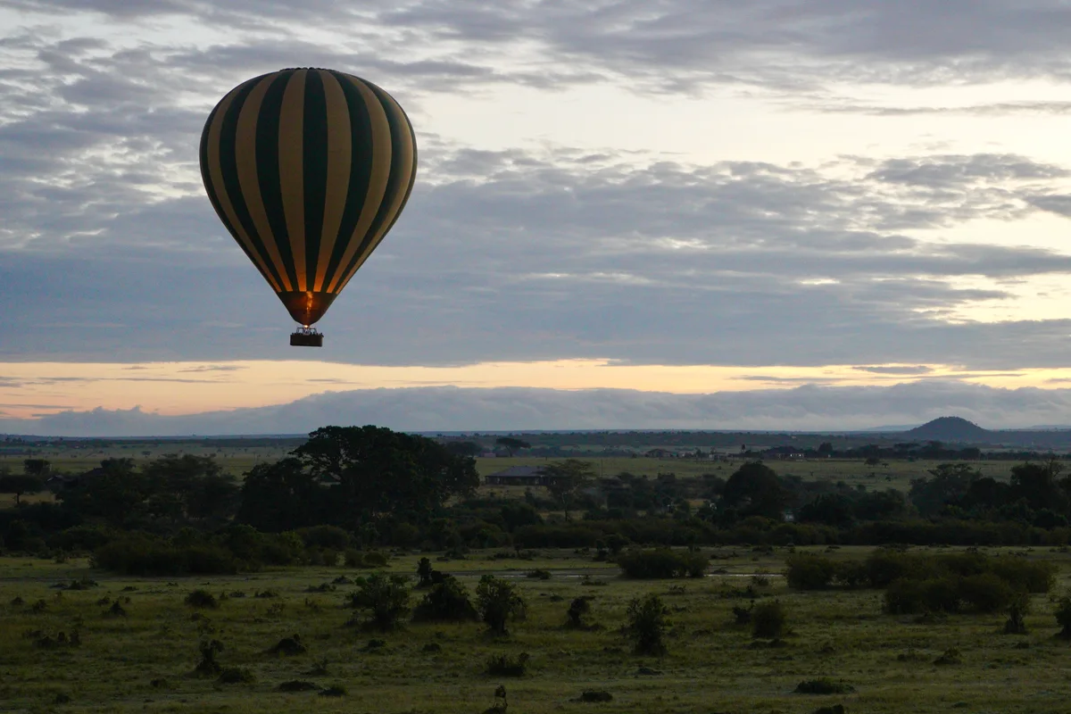 A striped hot-air balloon floating above the savanna at dawn