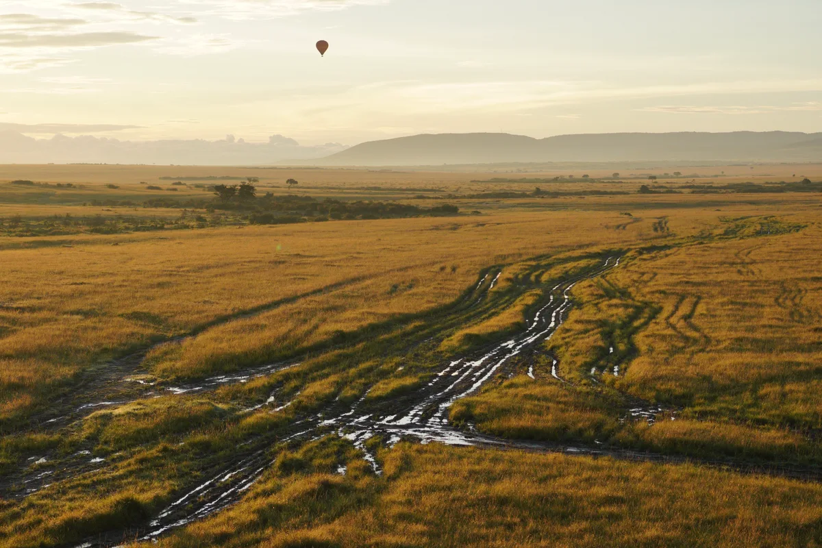 Flooded tracks crossing golden grass beneath a distant balloon