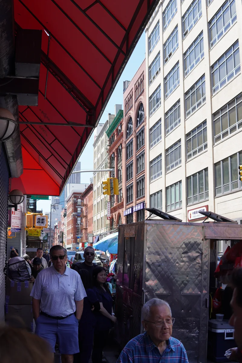 Pedestrians beneath a red awning on a busy Chinatown sidewalk
